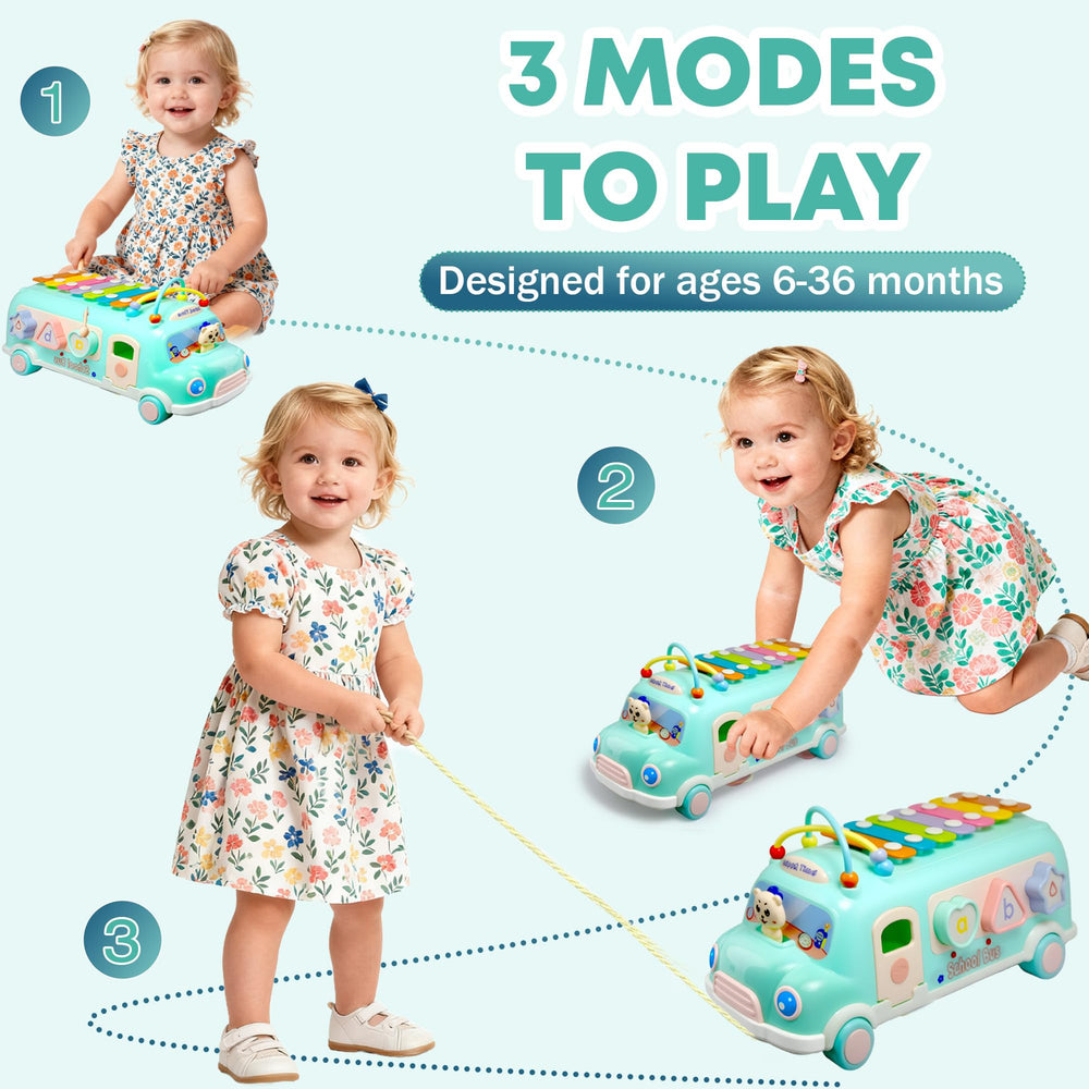Gikimooy Bus Xylophone pull-string walker aids walking and balance during play.