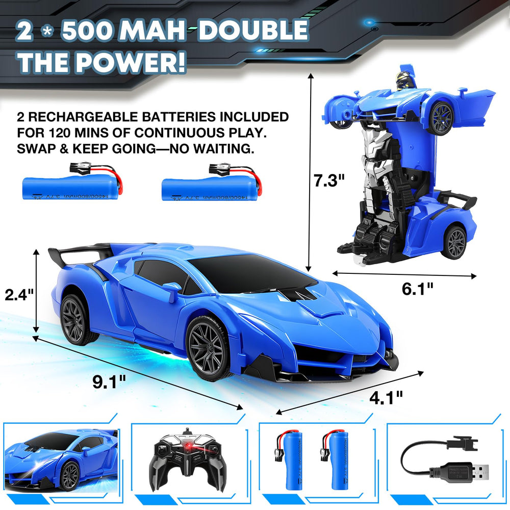 Gikimooy Transform RC car blue remote control with 2.4GHz delivers smooth commands.