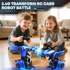 Gikimooy Transform RC car blue robot mode highlights imaginative play and mobility.