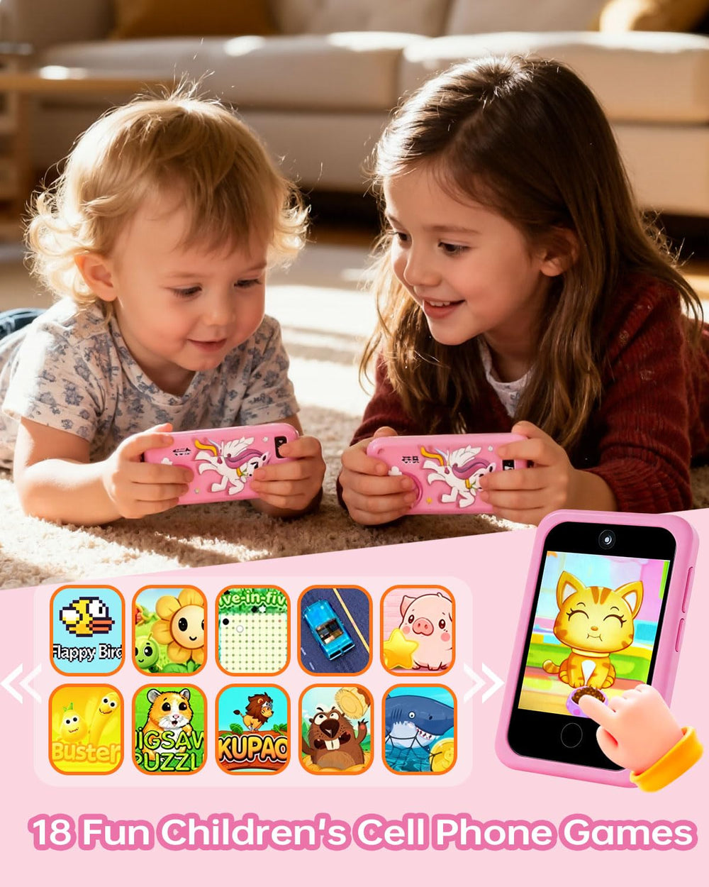 Gimubaba kids phone back view highlighting durable silicone protection