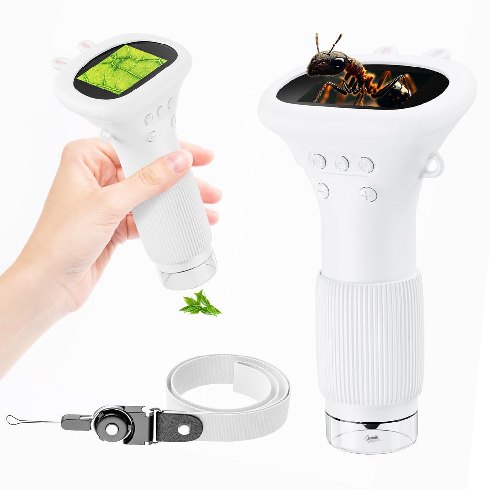 GinoCaco portable microscope with two-inch screen for clear kid-friendly viewing.