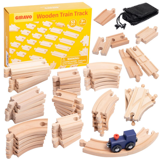 GIRAVO wooden train track 53pcs set with storage box for easy cleanup.