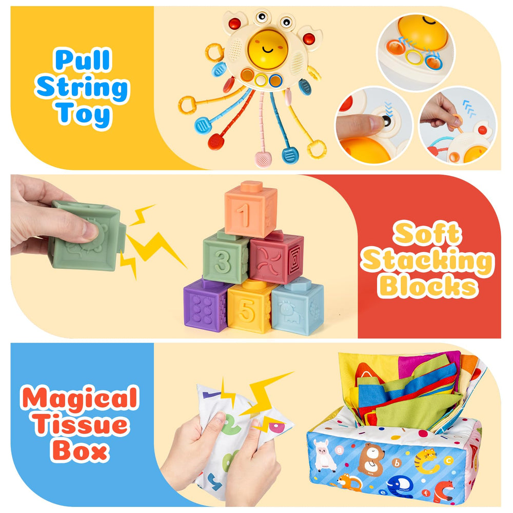 GJOF2YK crab pull-string toy with textured cords for grip and tactile exploration