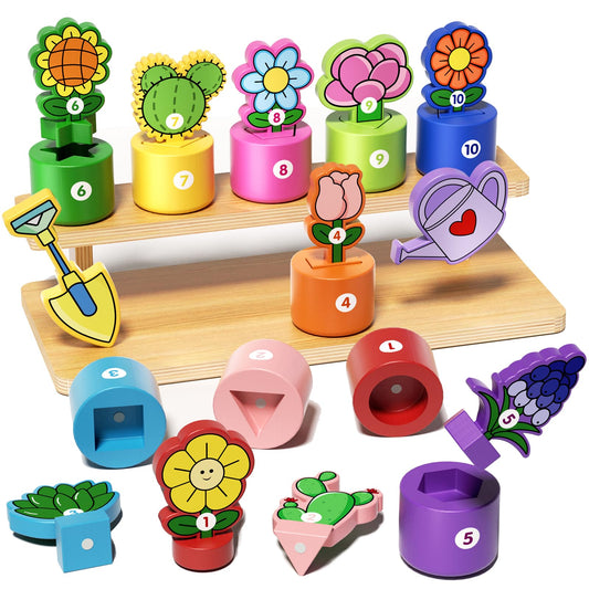 GJZZ wooden pretend play flower garden set with stand promotes imaginative learning.
