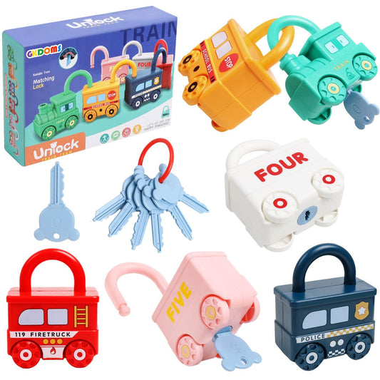 GKDOMS Montessori locks and keys set packaging showcasing six vehicles for curious minds, safe materials.