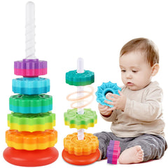 GKKBSJ Rainbow Tower assembly view showing spinners for curious toddlers' fine motor skills.