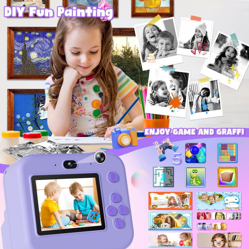 GKTZ Kids Camera Instant Print dual selfie lenses for clear selfies.