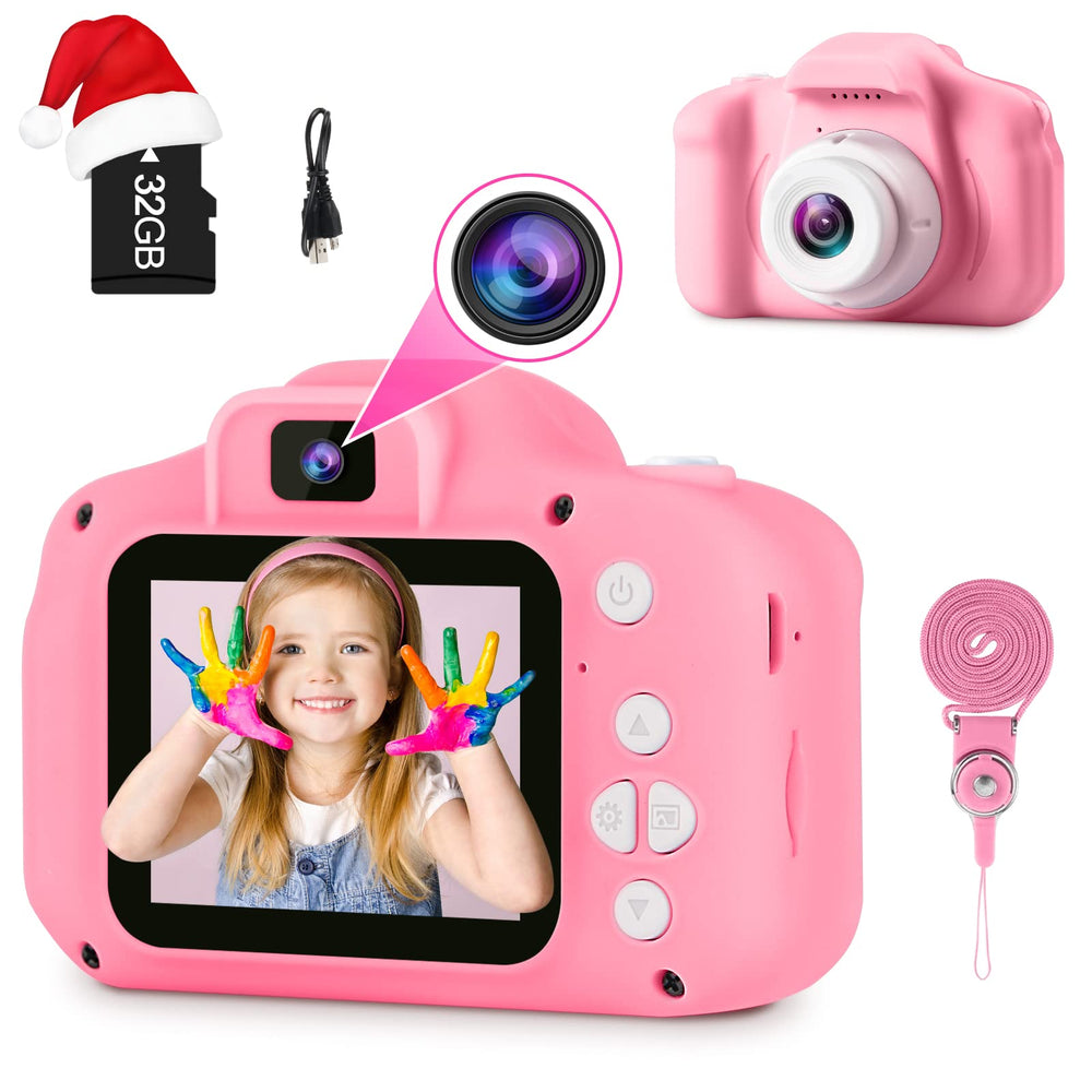GKTZ pink kids camera front view for easy handling and vibrant photos.