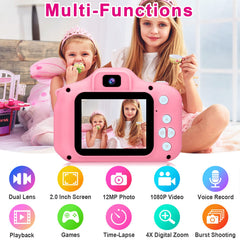GKTZ pink kids camera showing a selfie shot in kid-friendly mode.