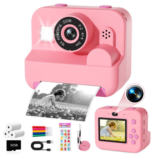 GKTZ Kids Camera front view with pink body and instant printing capability