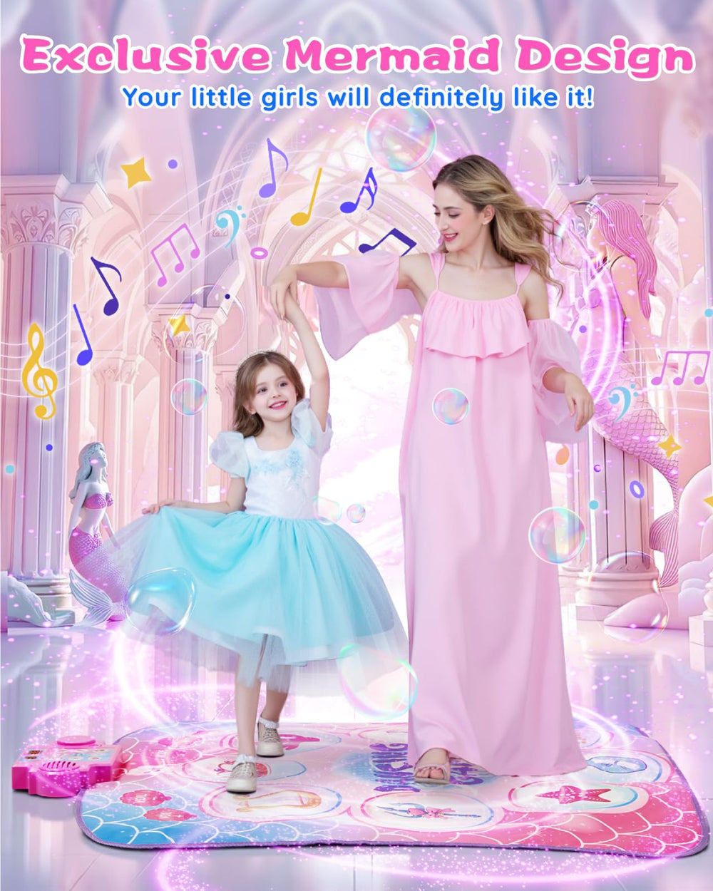 Gleamkid Mermaid Dance Mat side view showing soft colors and safe non-slip base