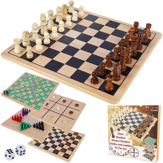 Glintoper 5-in-1 wooden board with chess on a reversible surface for strategic play
