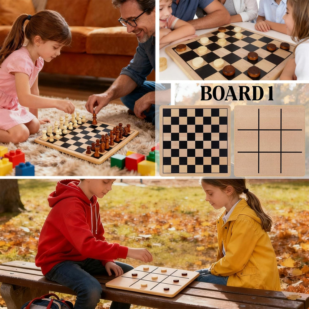 Glintoper 5-in-1 wooden board featuring colorful Chinese checkers pegs
