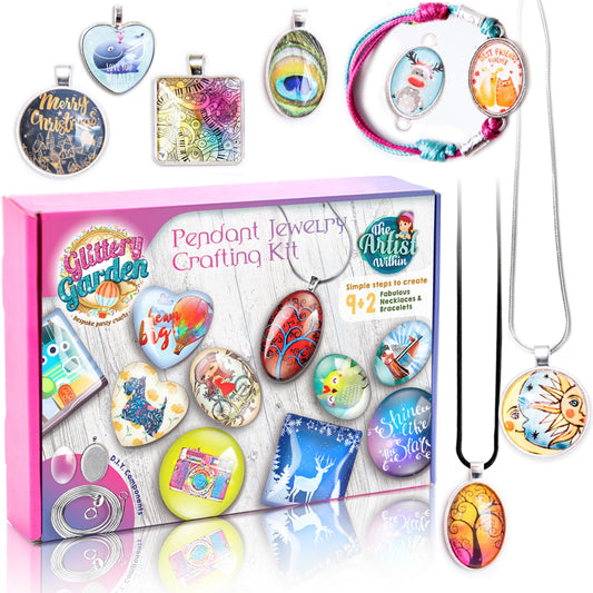 Glittery Garden kit contents shown for DIY necklace and bracelet projects.