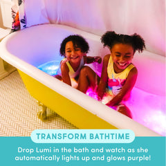 Glo Pals Lumi lit up close showing water activated glow and colors