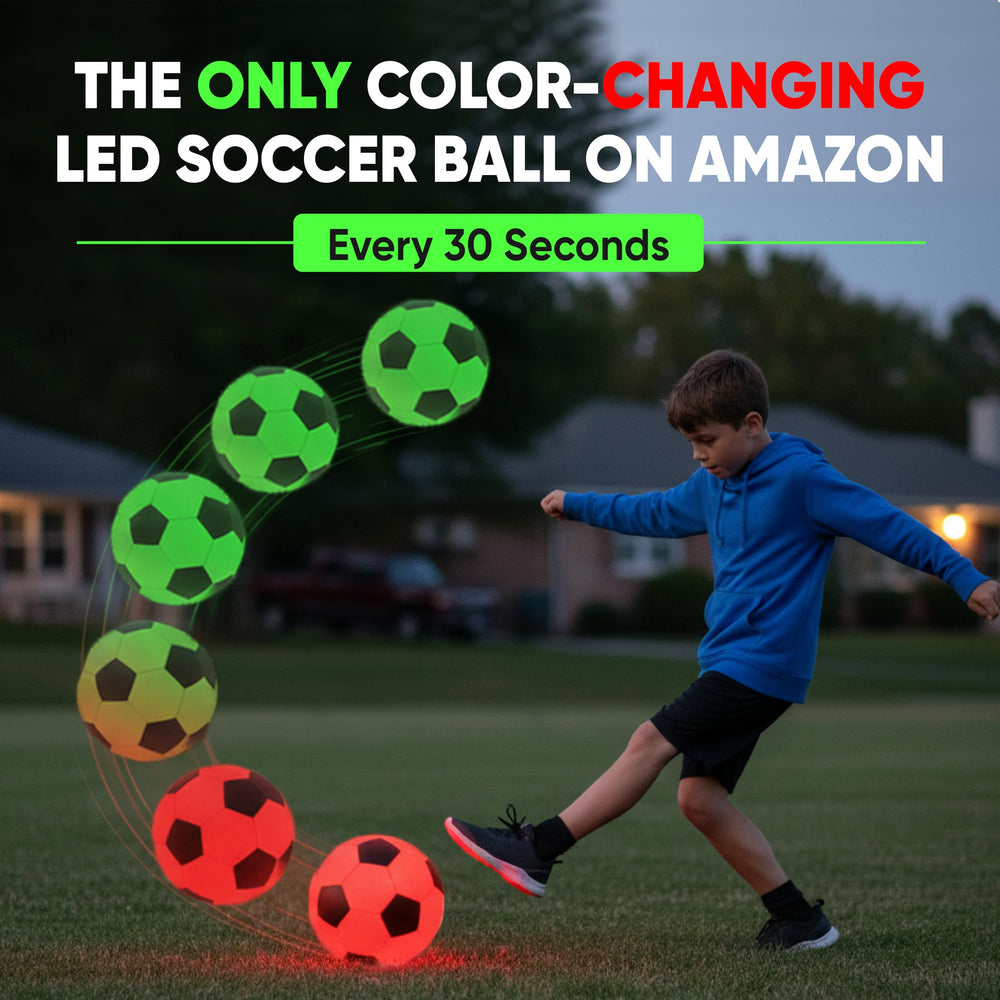 GLO-X LED soccer ball lighting up after a bounce for late-night games