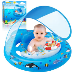 GLOPUS baby pool float with canopy providing UPF50+ sun protection in bright sun