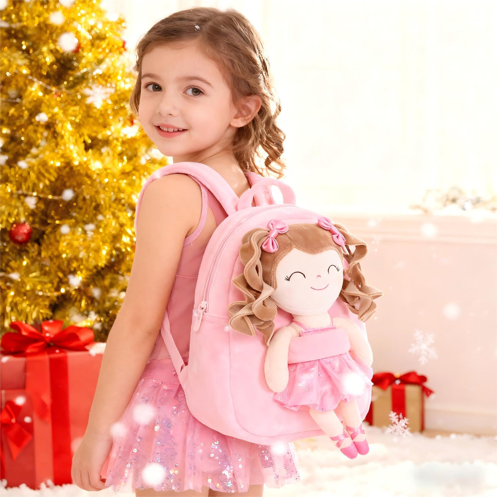 Gloveleya backpack side view shows curly doll charm.
