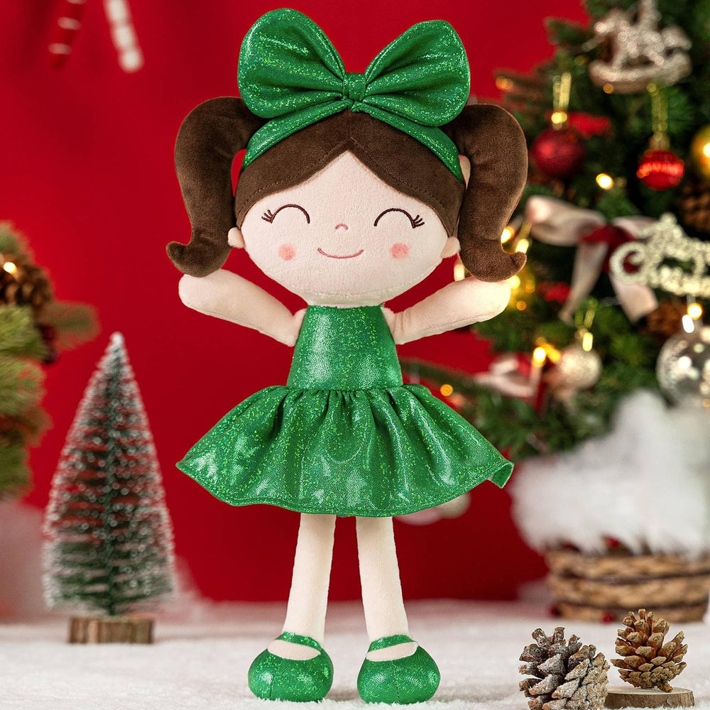 Gloveleya Christmas Baby Doll in green dress front view for festive play and photos