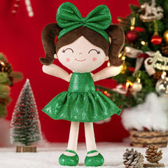 Gloveleya Christmas Baby Doll in green dress front view for festive play and photos