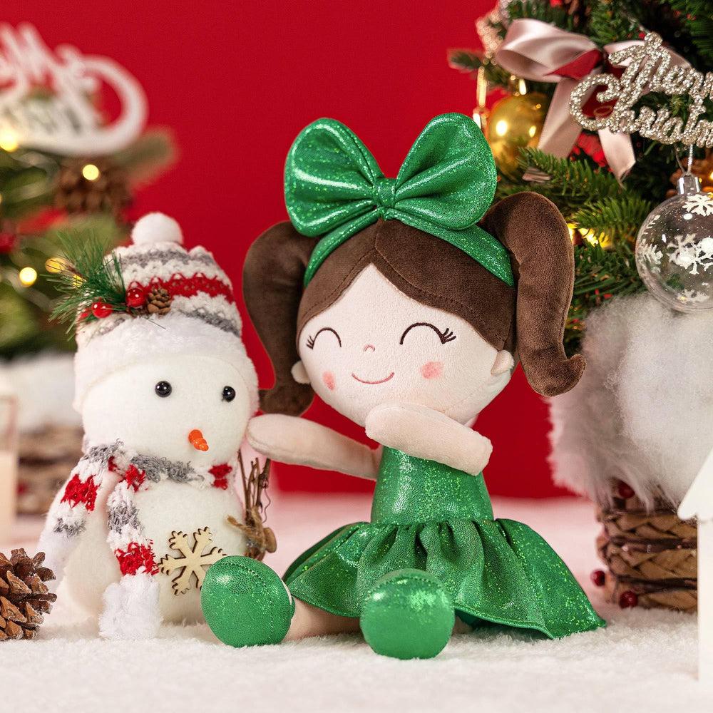 Gloveleya Christmas Baby Doll in green dress side view ideal for storytelling