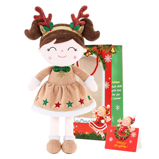 Gloveleya Christmas Reindeer Girl plush with antlers and headband ready for cuddle time.