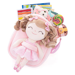Gloveleya toddler backpack with plush curly ballerina doll in pink, 9 inches, perfect for cuddling on the go.