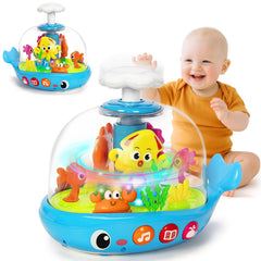 GMAOPHY baby aquarium toy with whale spray button activating lights and spin for sensory play