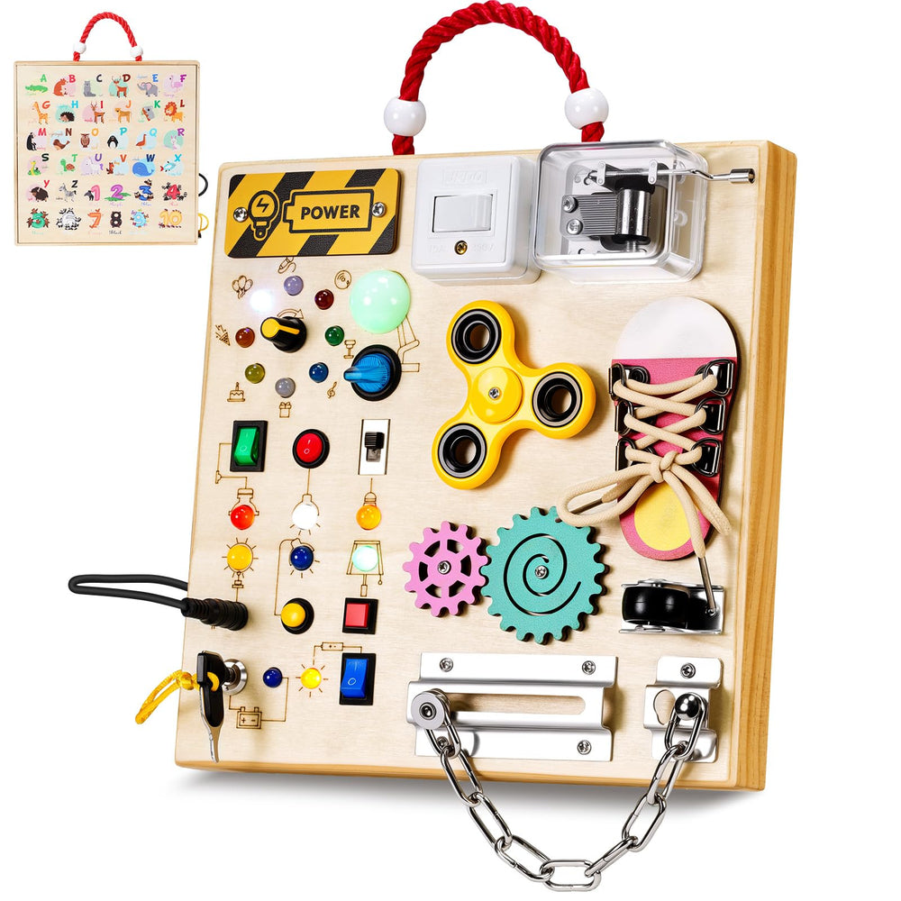 GNAYUIJ Montessori busy board LED switches for sensory play and fine motor practice.