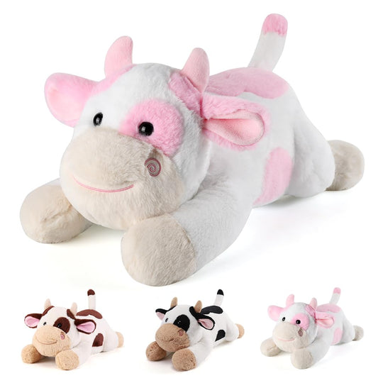 Gnomantic Cow weighted stuffed animal 22-inch pink, cuddly bedtime buddy with calming presence.