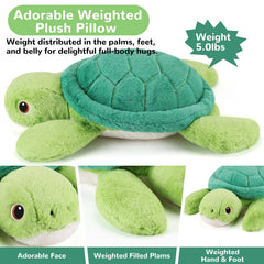 Gnomantic turtle weighted plush on bed ideal for bedtime comfort