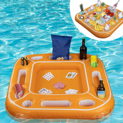 GNYOUS floating pool game table orange with anti-slip surface for cards and drinks.