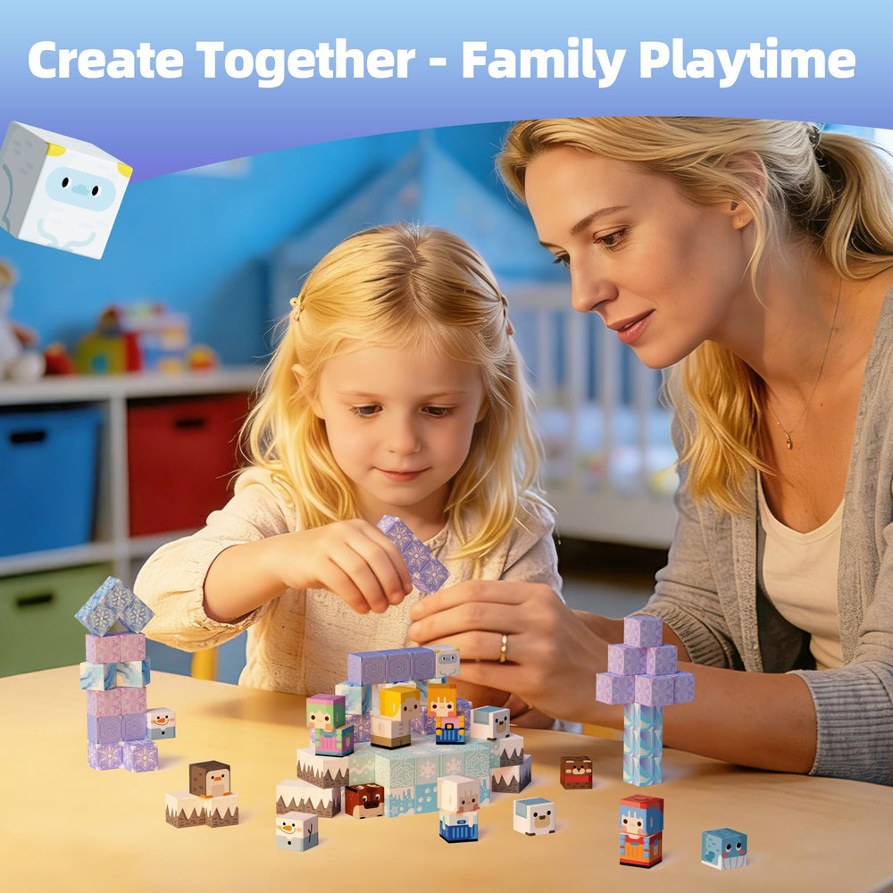 Kids build winter kingdom, encouraging cooperative play and extended creative reuse.