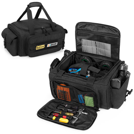GOBUROS RC storage bag front pocket view for organized battery storage.