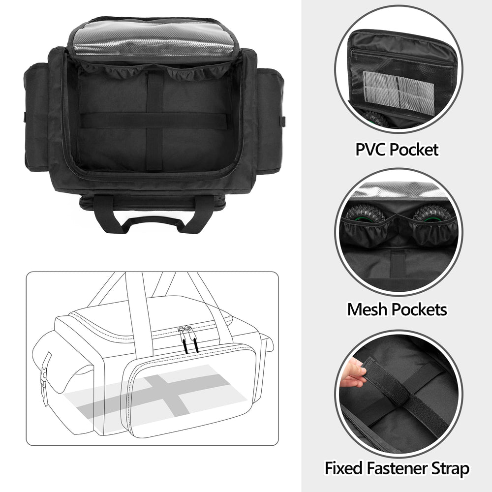 GOBUROS RC storage bag side pockets hold remotes and tires neatly.
