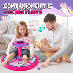 Two kids can sit and play together on the larger seat