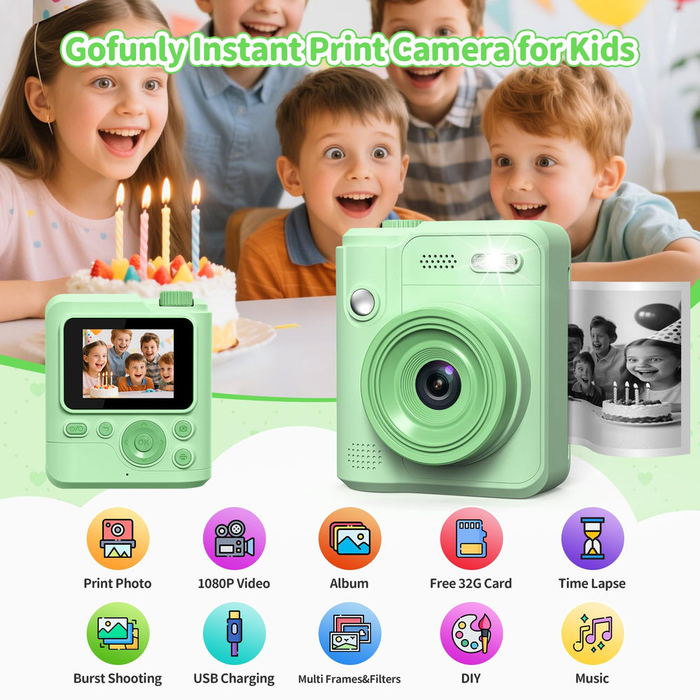 Gofunly Kids Camera printing action shows instant photo output.