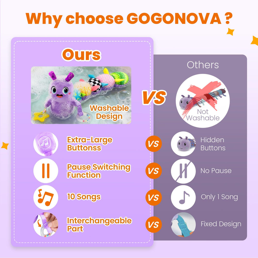 GoGonova caterpillar teether and rattle support soothing teething and motor skills.