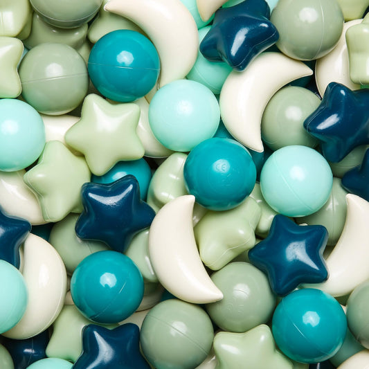GOGOSO green ball pit balls set with stars and moons for imaginative play and sorting.