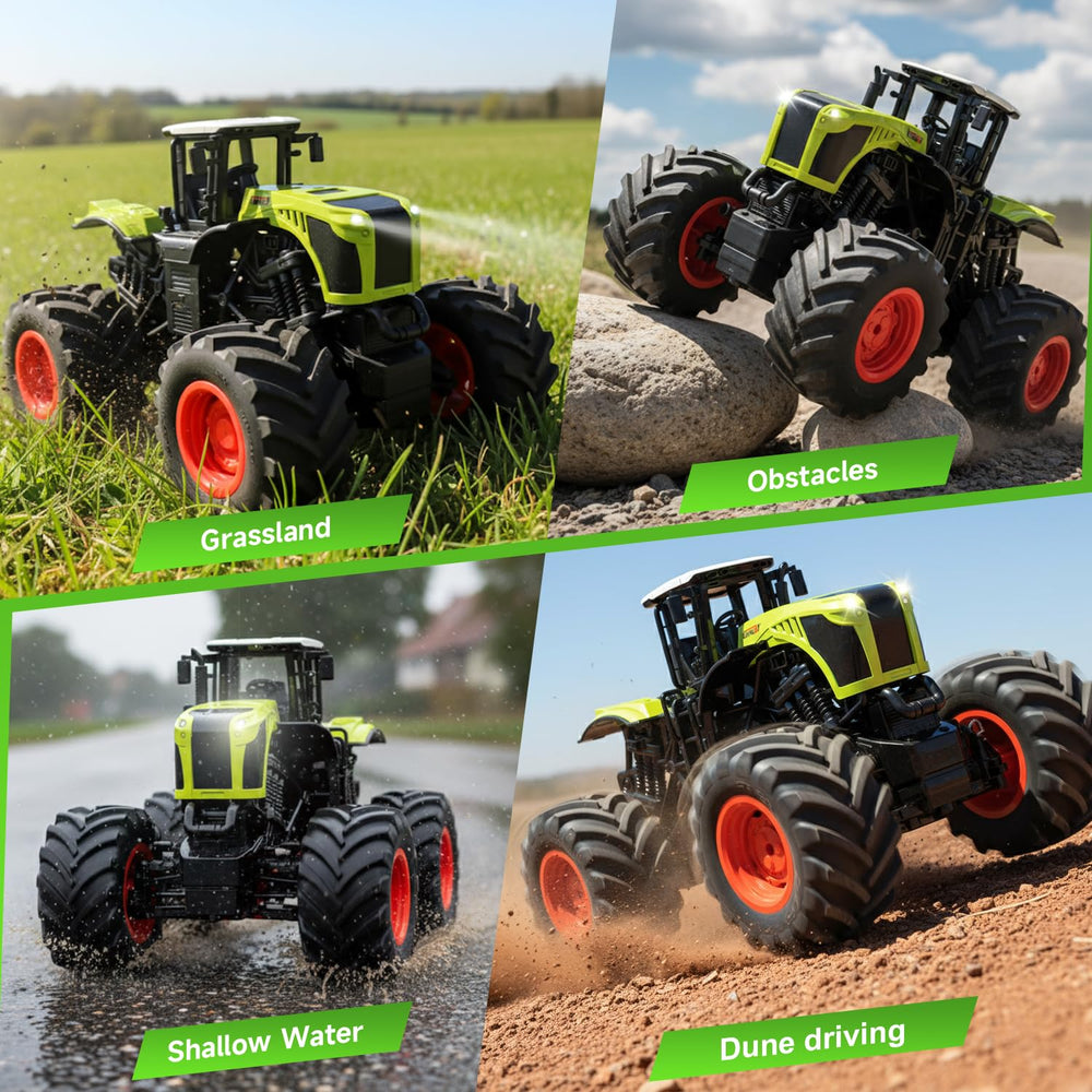 Gohero RC monster truck tractor side action on grass and mud.