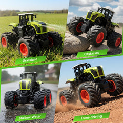 Gohero RC monster truck tractor side action on grass and mud.