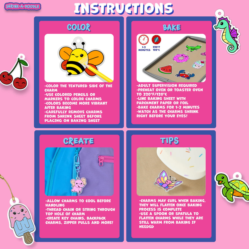 Going Creative Shrink-A-Doodle Kit kids watch charms shrink to half size during bake.