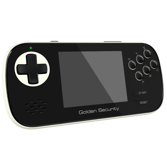 Golden Security handheld gaming console front view highlighting ergonomic kid-friendly design.