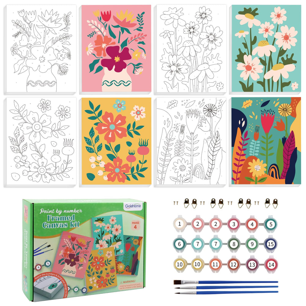 Goldentime framed paint by numbers kit with pre-printed canvas for quick art creation.