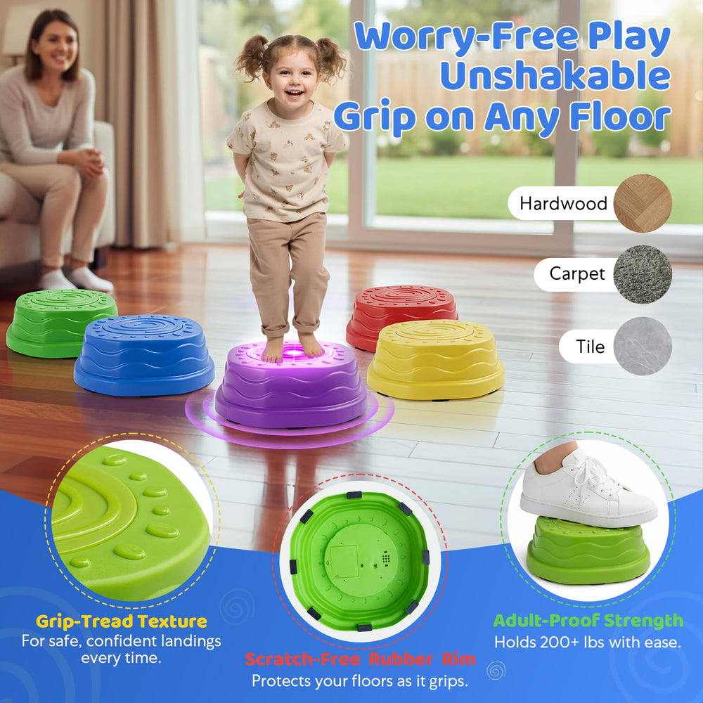 Goldium stepping stones offer three game modes for balance and coordination