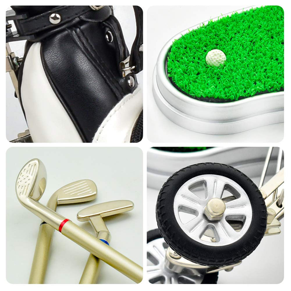 Mini golf bag stand displays a compact desk scene