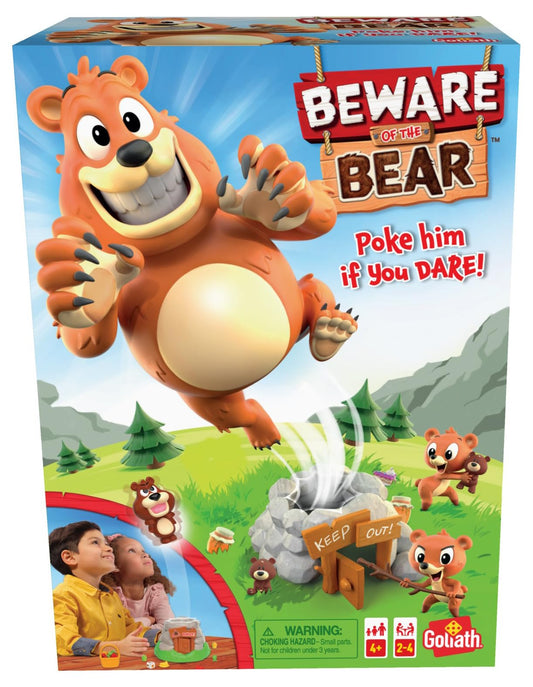 Goliath Beware of the Bear: poke belly illustration encouraging playful suspense during family game night.
