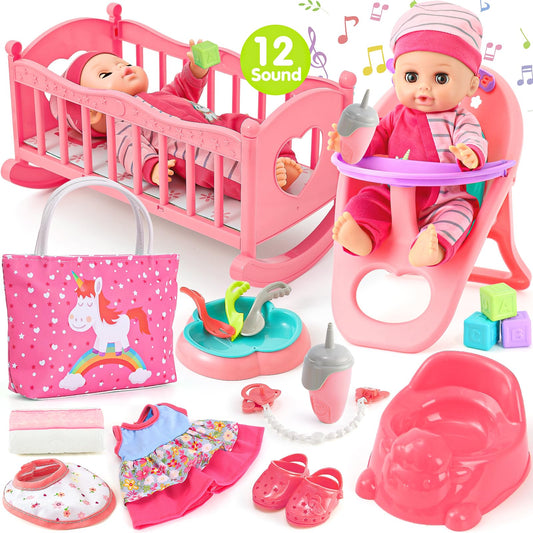 Golray 12in girl doll in cradle for nurturing playtime.