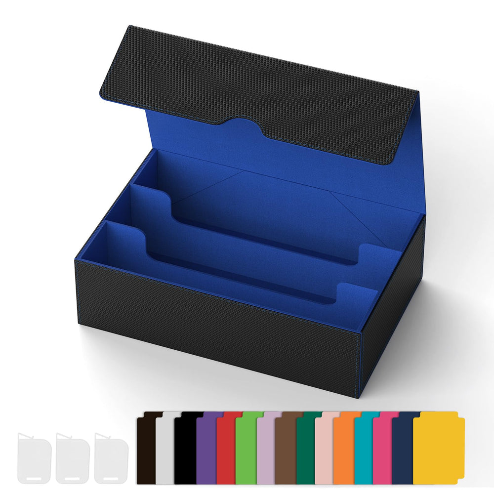 Gomyrod card deck box displays capacity for 1800 sleeved cards for easy storage.