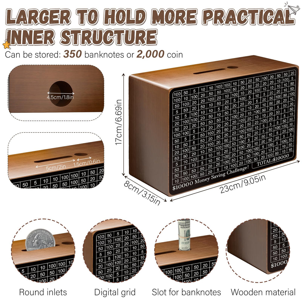 Gomyrod wooden money-saving box front view with counter to track progress.